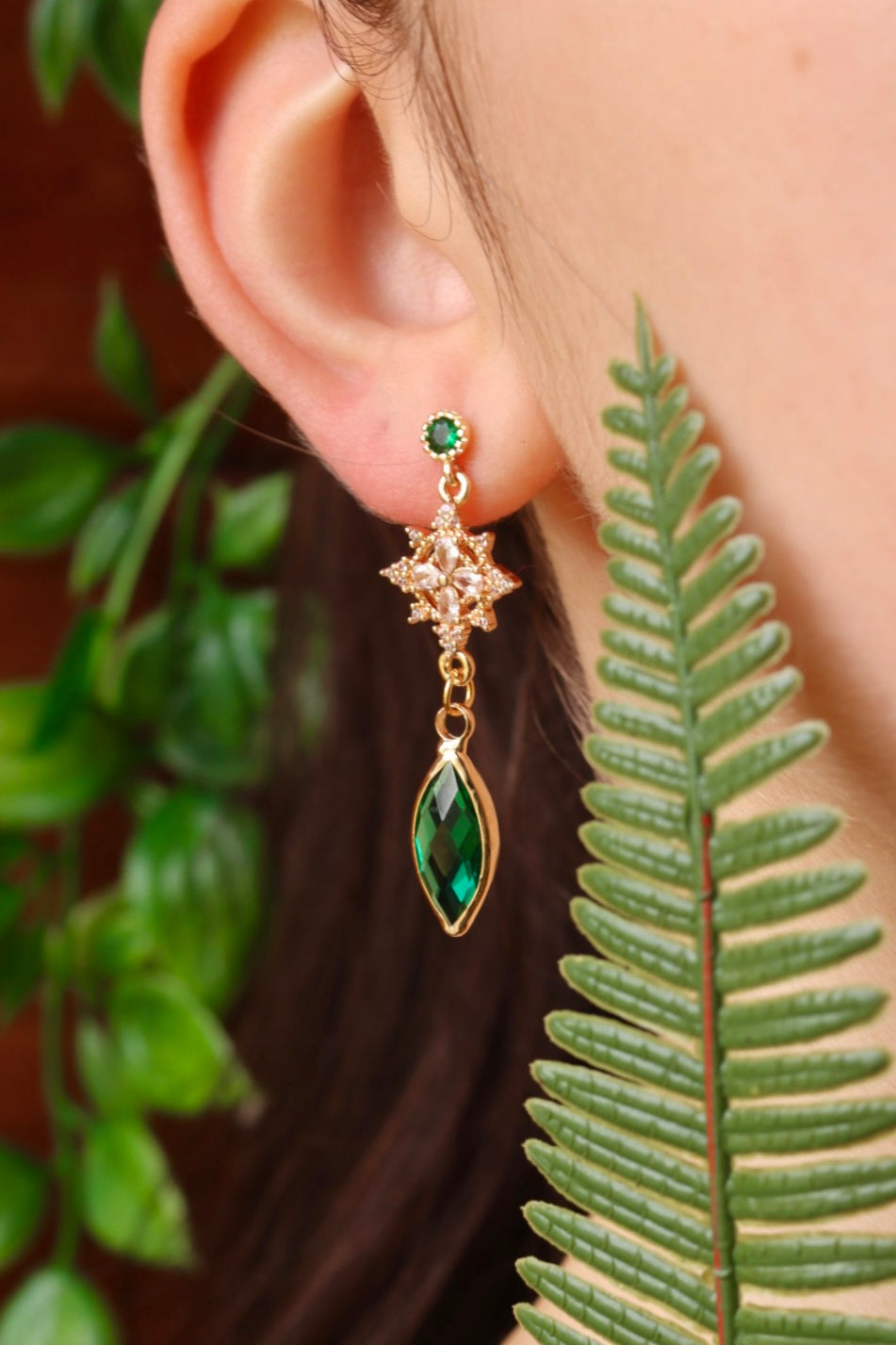 Emerald flower elf earrings