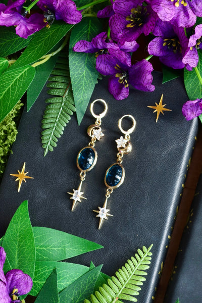 Midnight blue star moon earrings