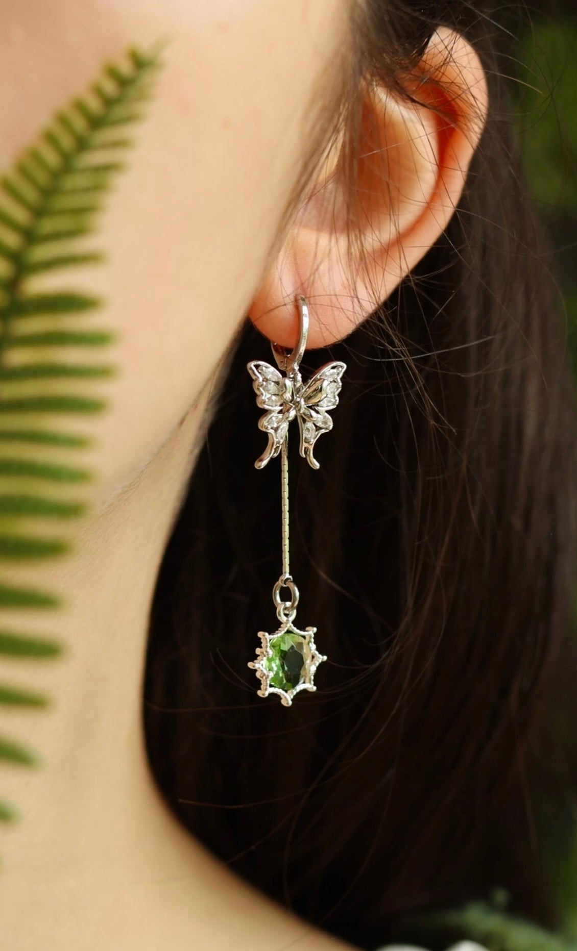 Silver butterfly green drop earrings