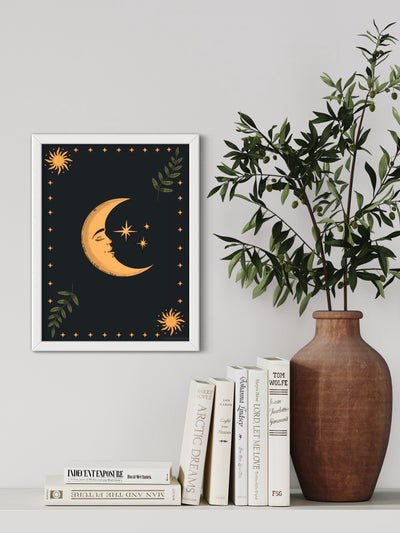 Celestial Moon and leaves - framed art print