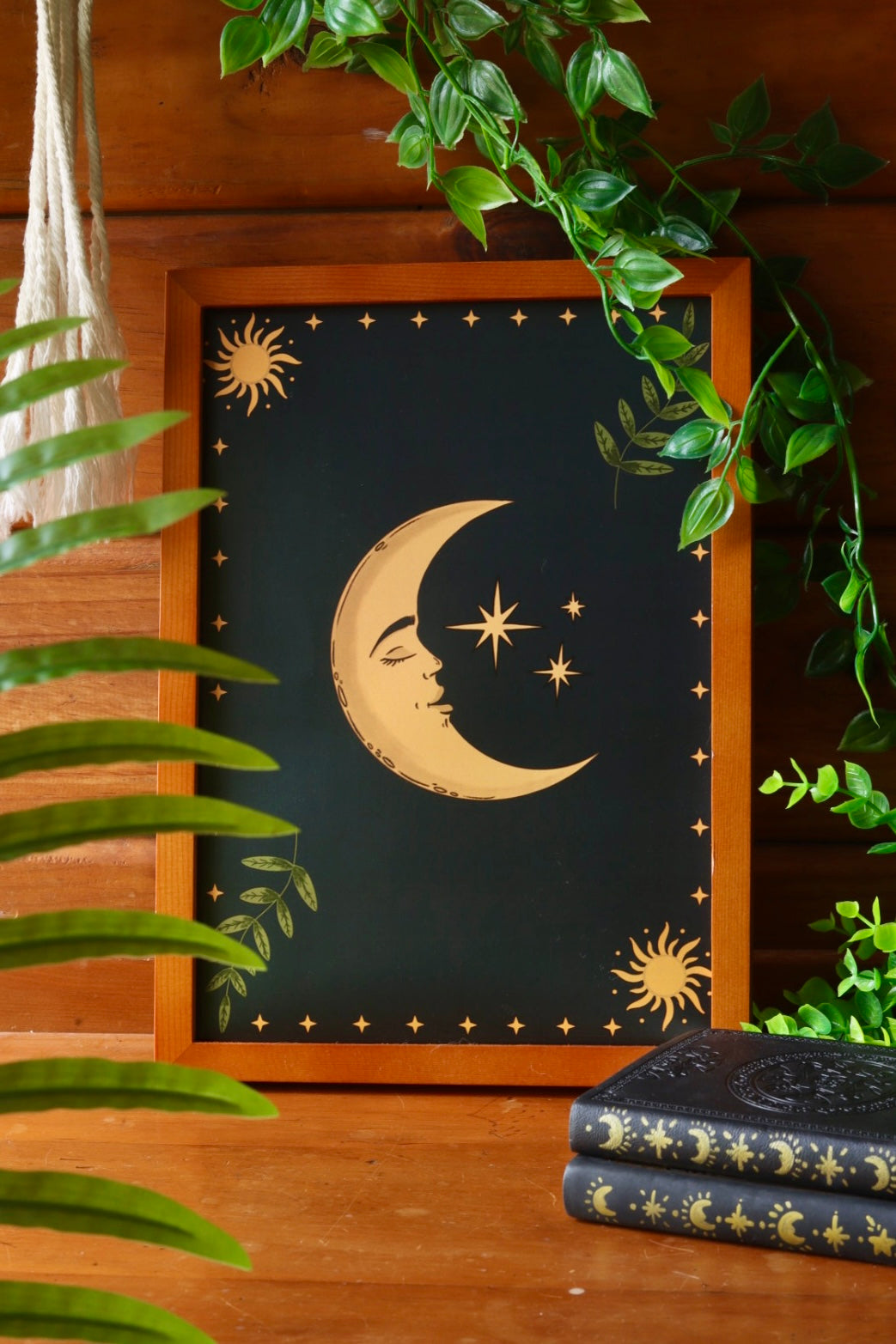 Celestial Moon and leaves - framed art print