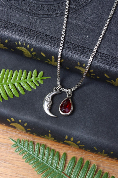 Moon red drop charm necklace