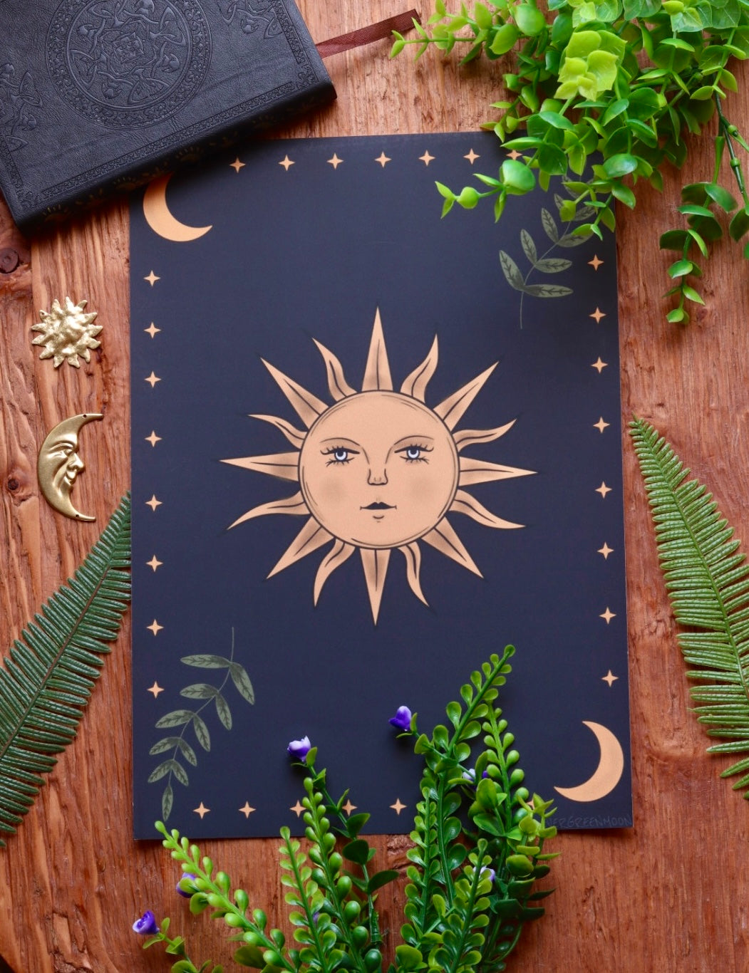 Celestial Sun and leaves - framed art print