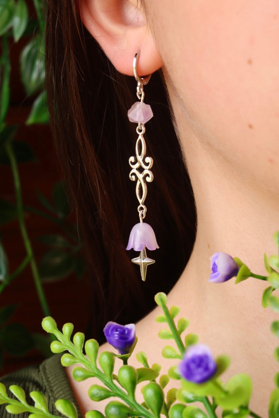 Amethyst purple lily elfic earrings