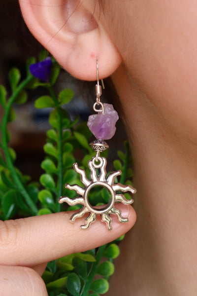 Amethyst silver sun earrings