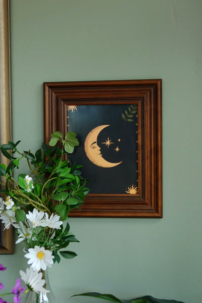 Celestial Moon and leaves - framed art print