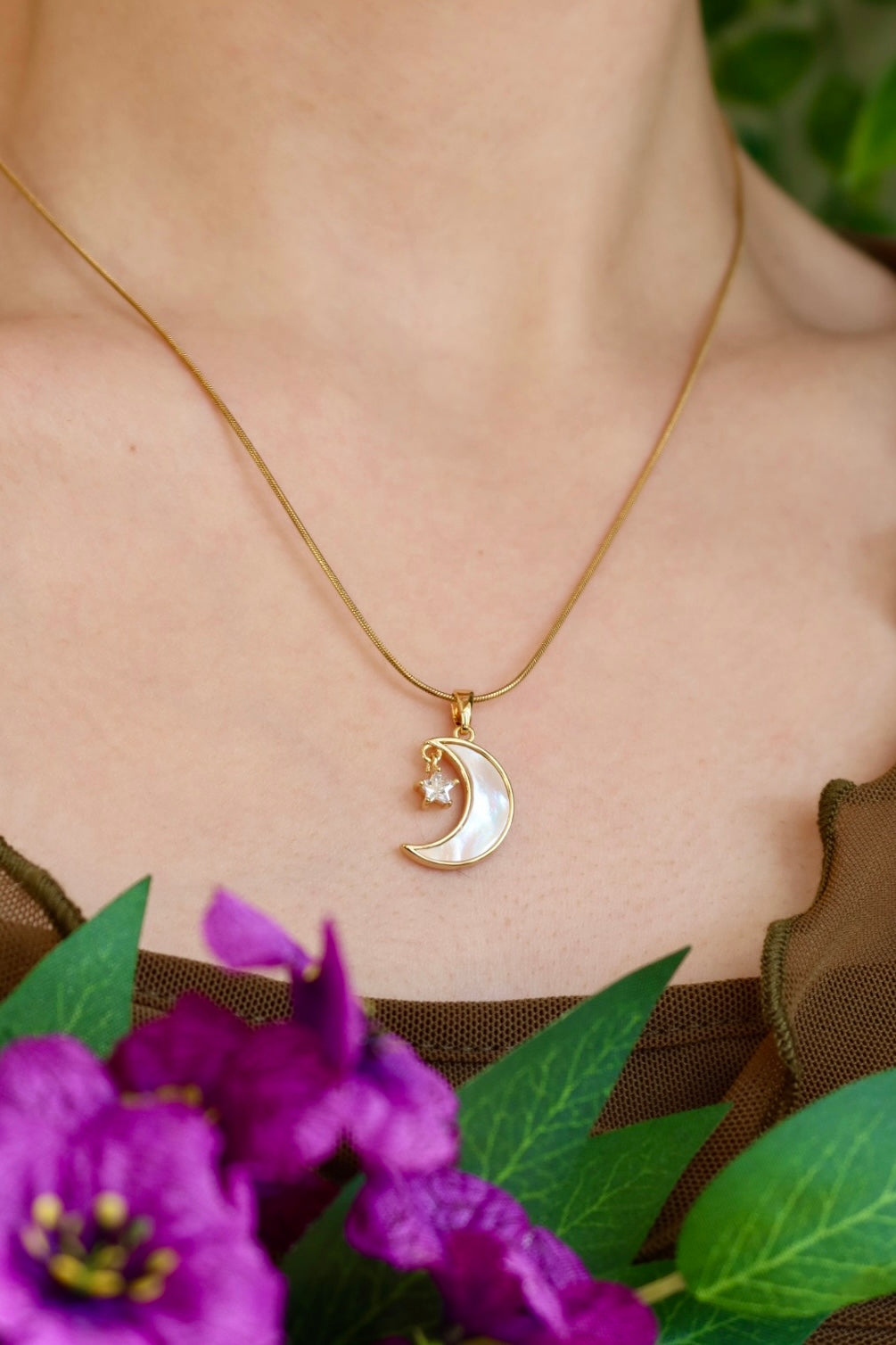 Pearl moon star necklace