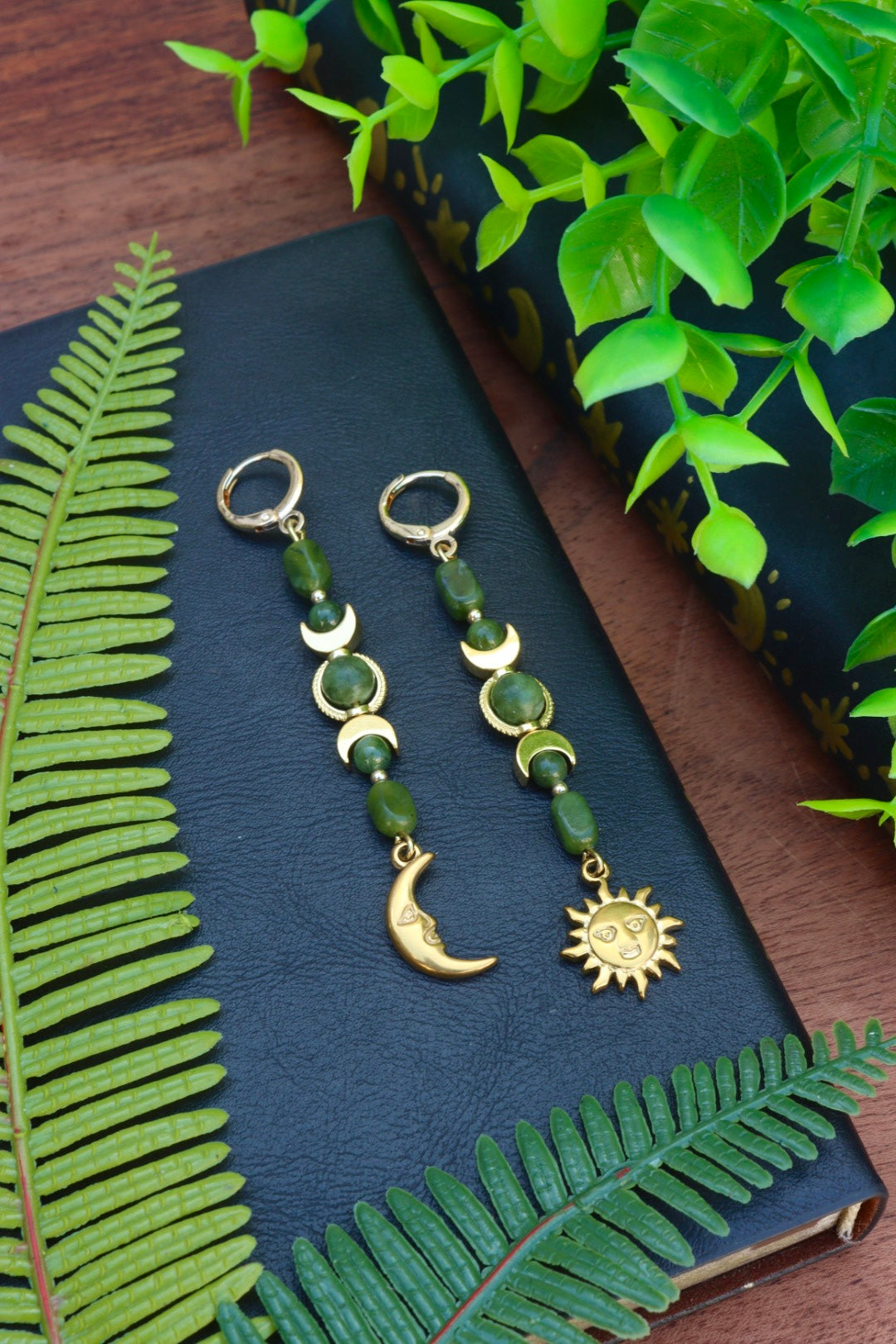 Gold sun and moon jade stone earrings