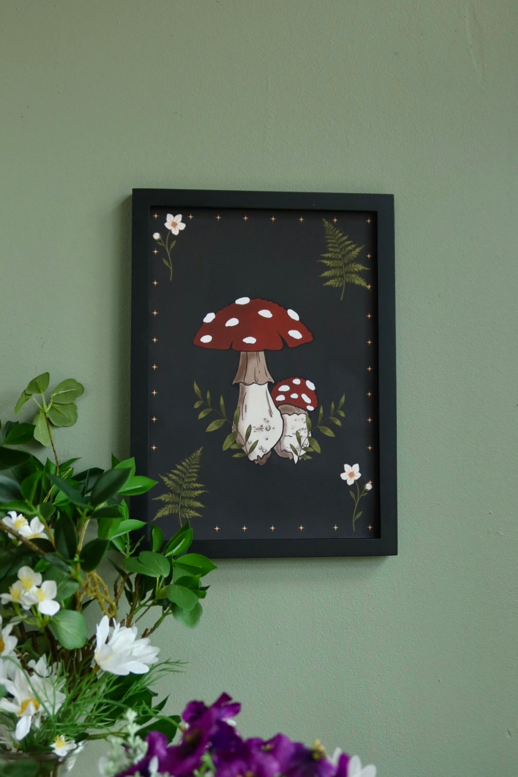 Toadstool mushroom ferns flowers - framed art print