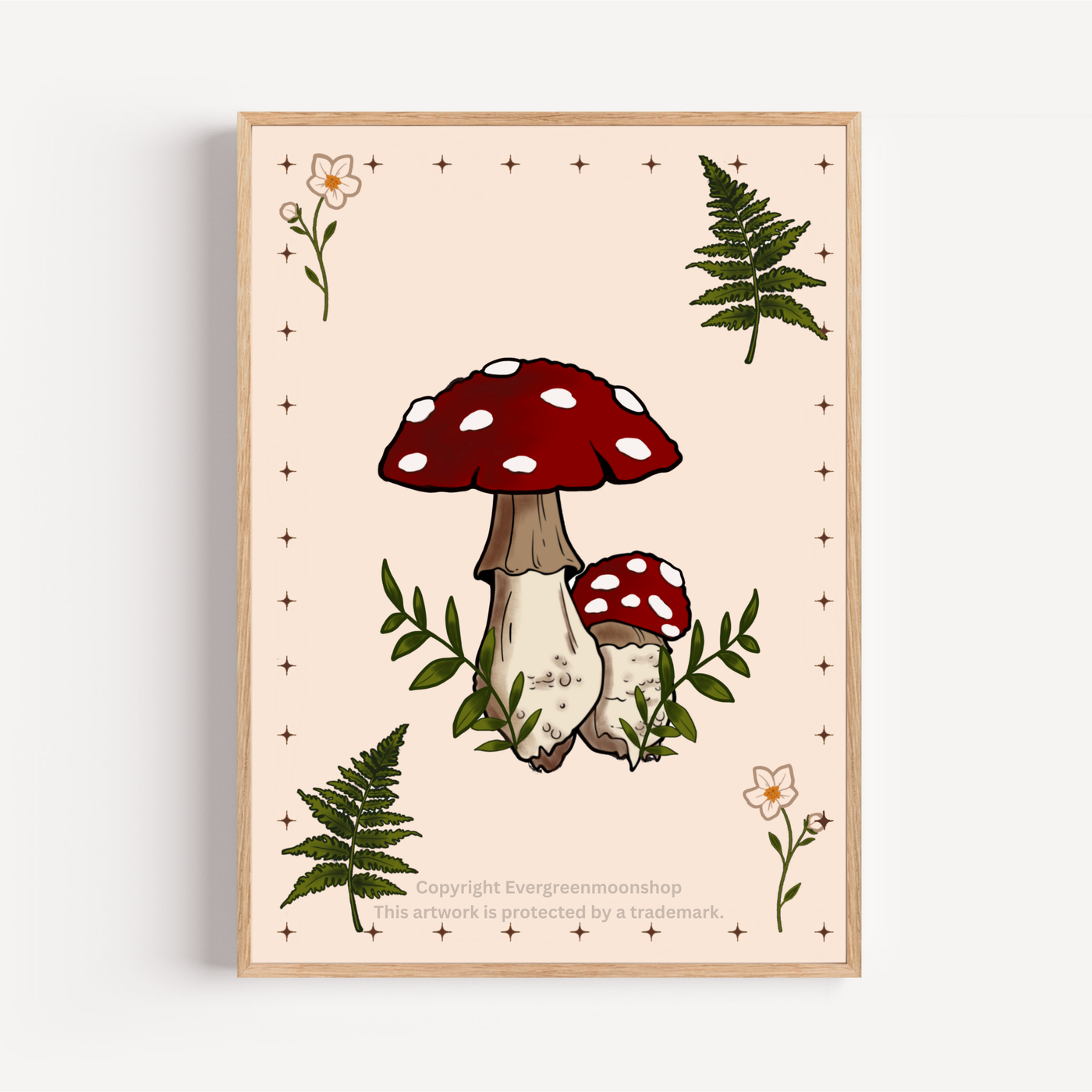 Mushroom fern wall art print (Black or light version)