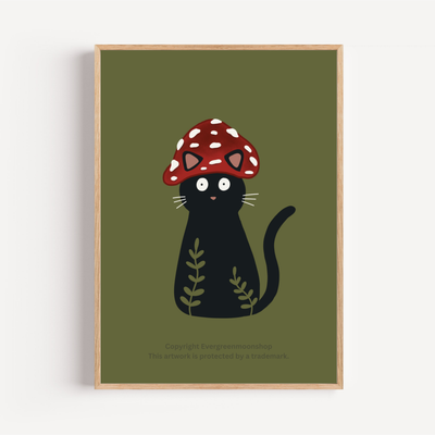 Cat mushroom toadstool art print