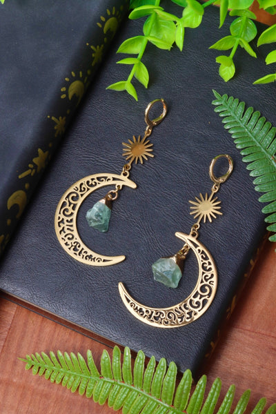 Crystal green aventurine moon stainless steel earrings