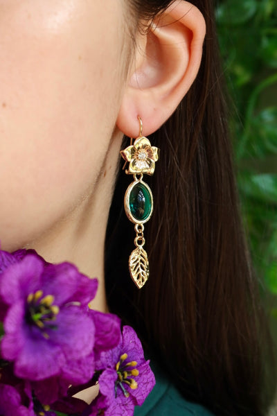 Flower green gemstone leaf earrings