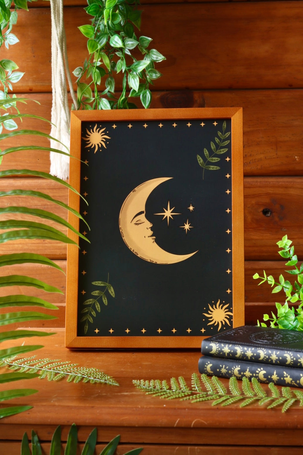 Celestial Moon and leaves - framed art print