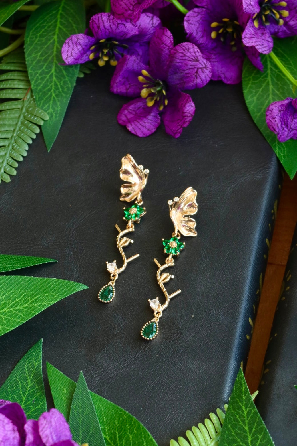 Butterfy flower branch earrings 24k gold plated