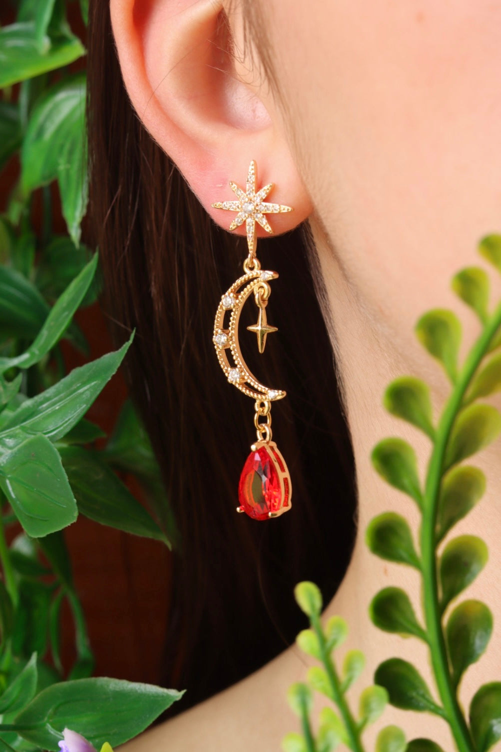 Moon and Star Red Drop Stud Earrings 24k gold plated