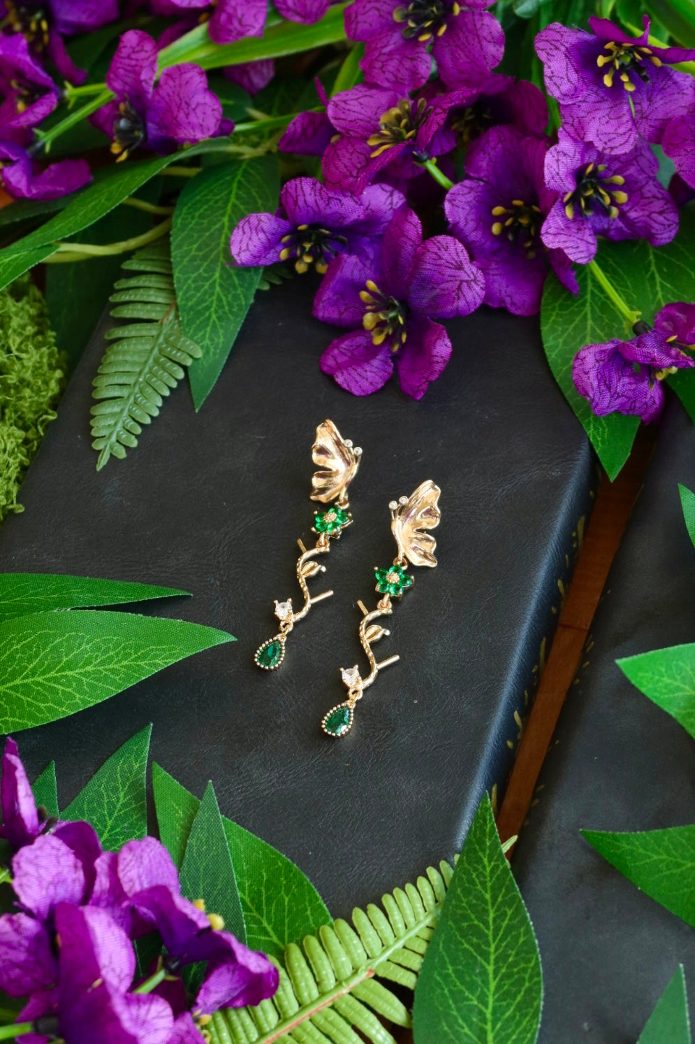 Butterfy flower branch earrings 24k gold plated