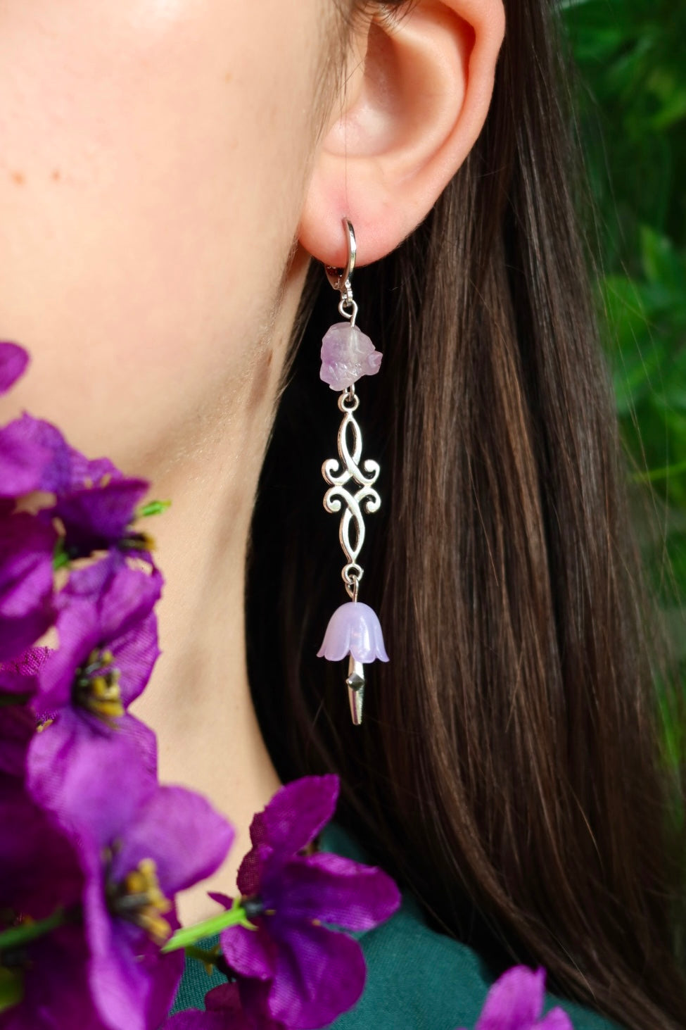 Amethyst purple lily elfic earrings