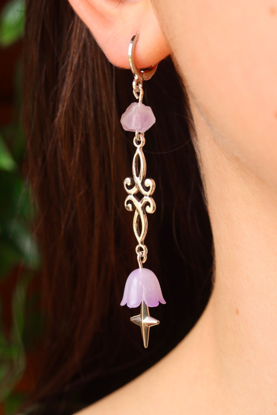 Amethyst purple lily elfic earrings