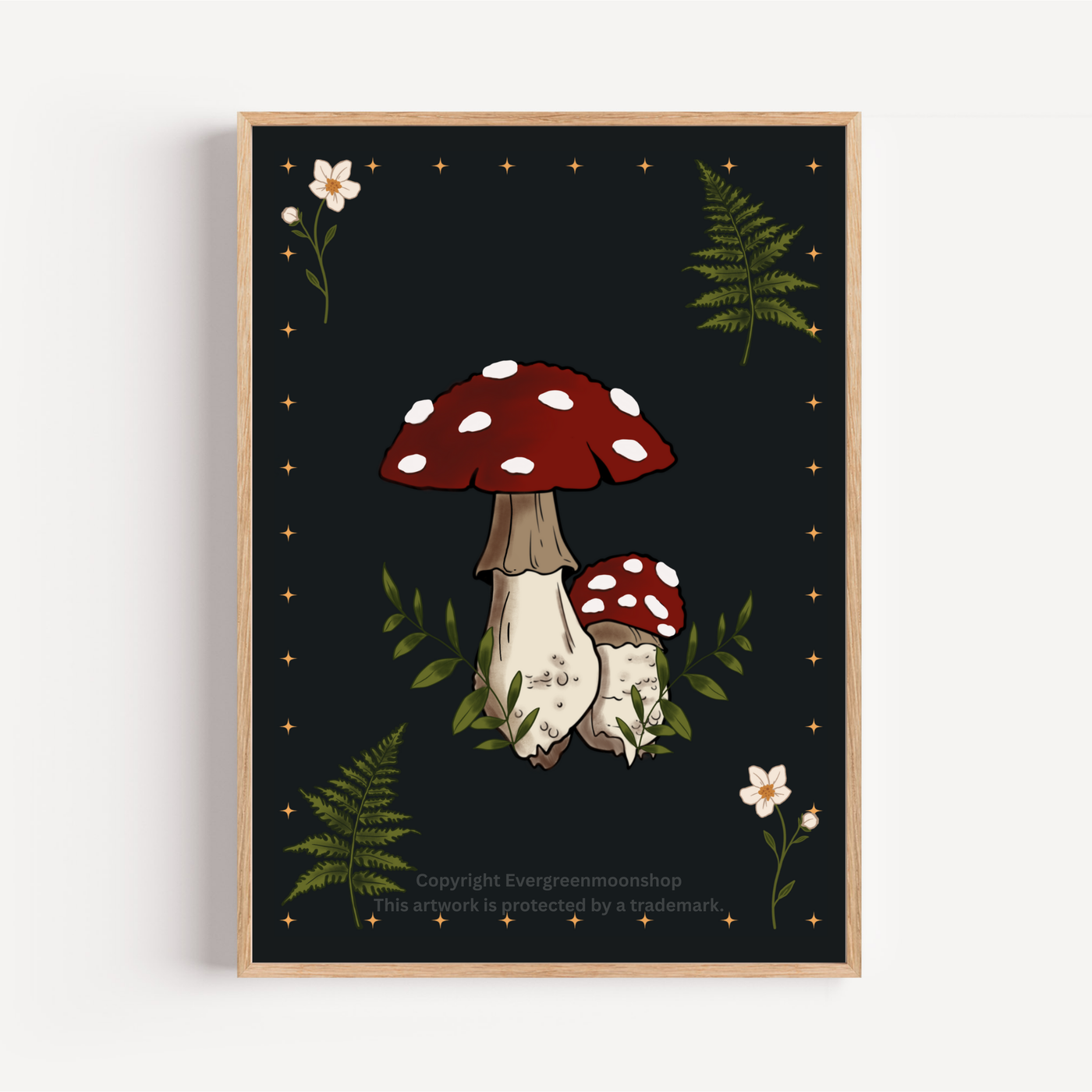 Mushroom fern wall art print (Black or light version)