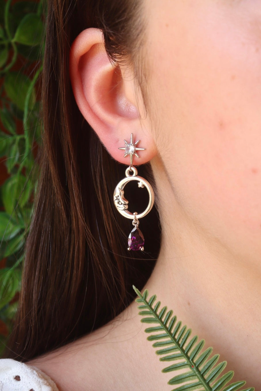 Moon purple drop stud earrings