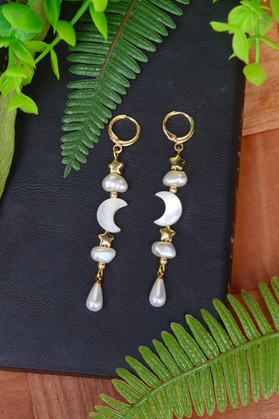 Celestial stars moon faux pearl earrings