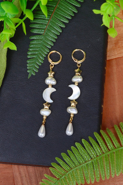 Celestial stars moon faux pearl earrings