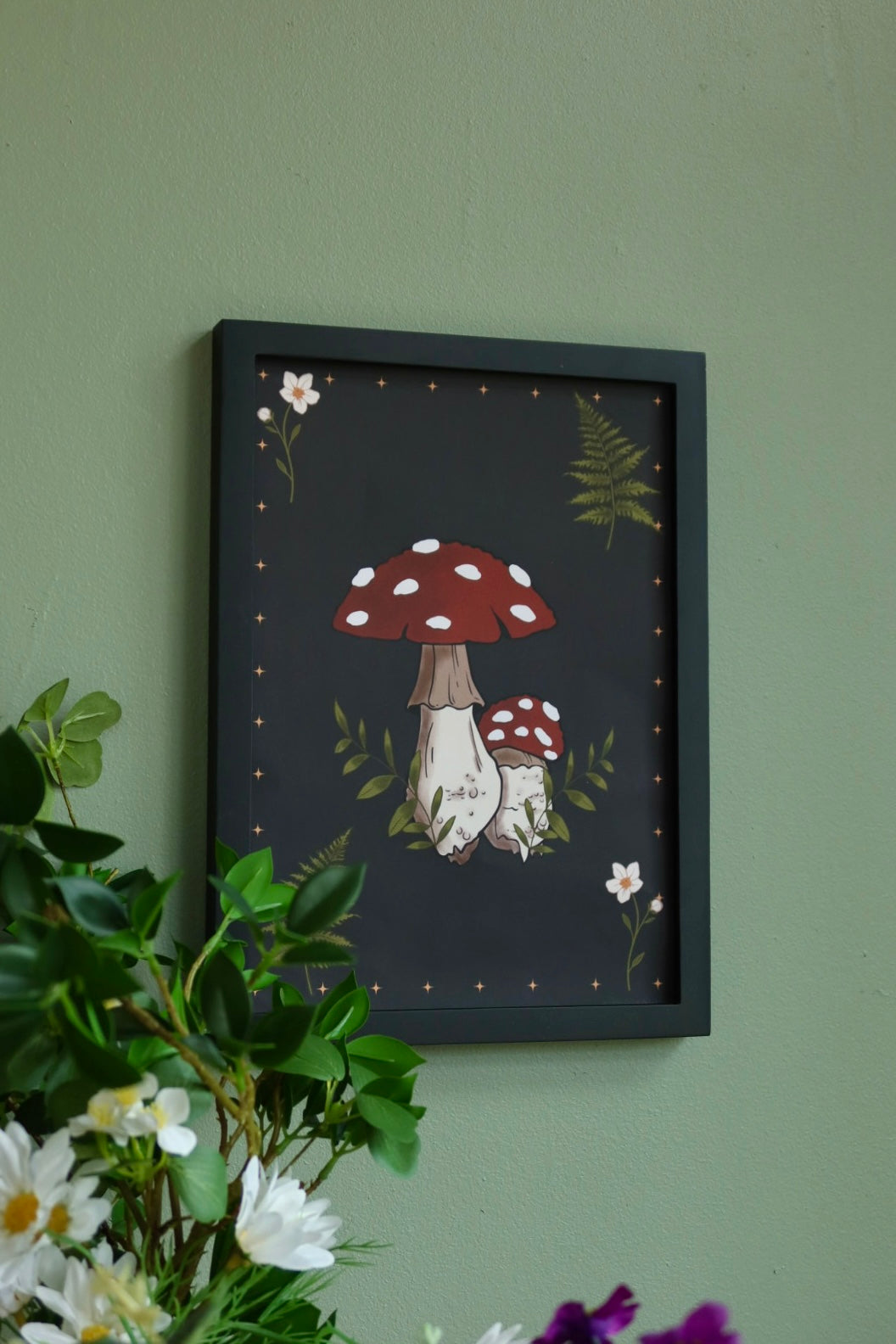 Toadstool mushroom ferns flowers - framed art print