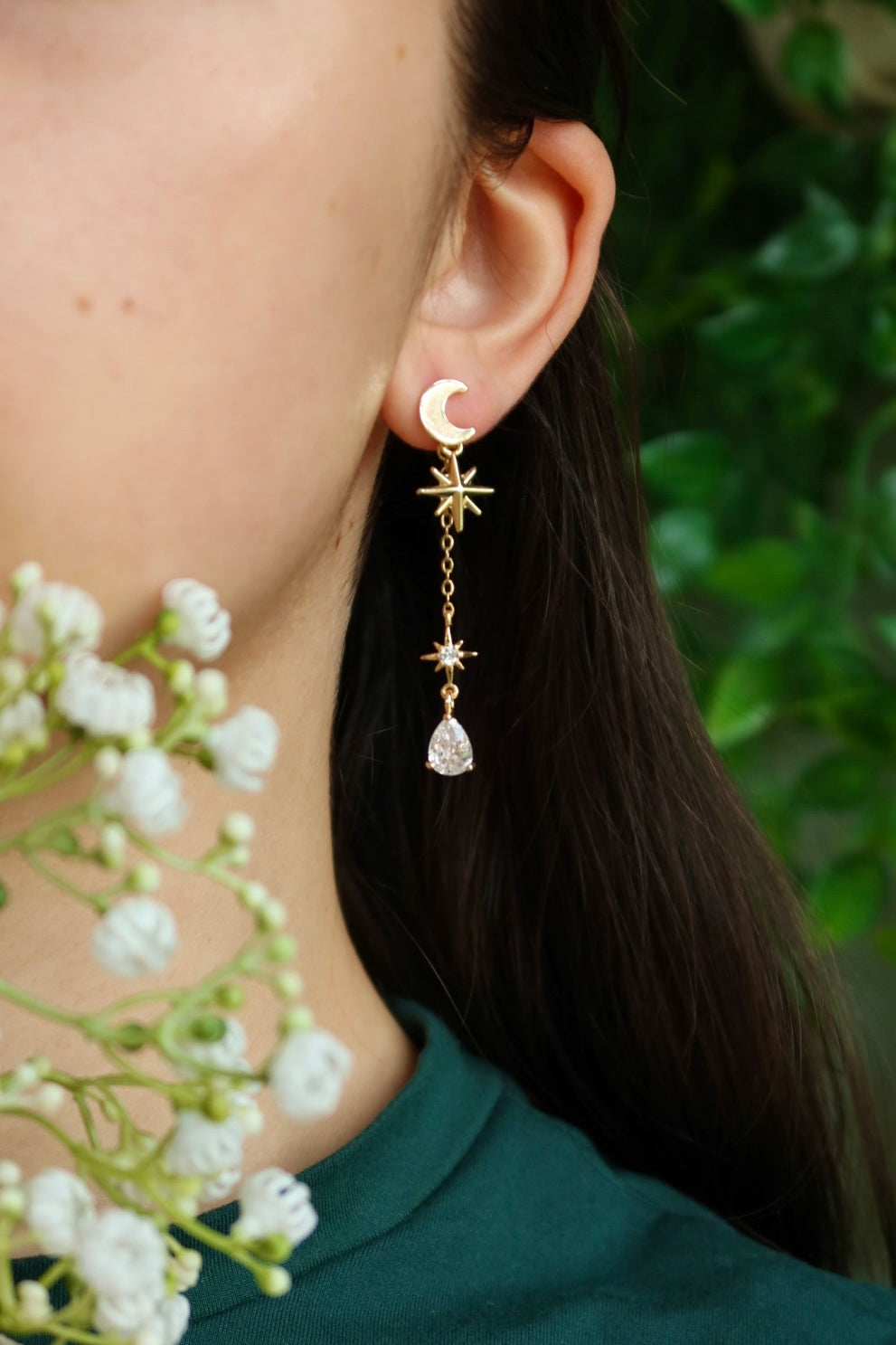 Celestial moon and stars drop earrings