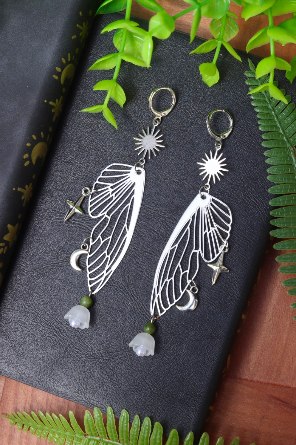 Fairy wing flower celestial charm earrings