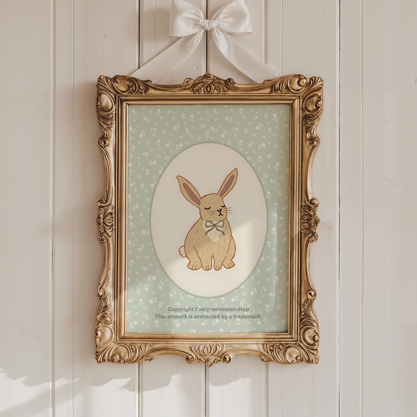 Floral sage green rabbit wall art print