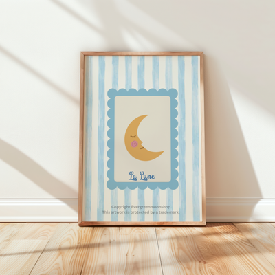 La Lune Blue and White Striped wall art print