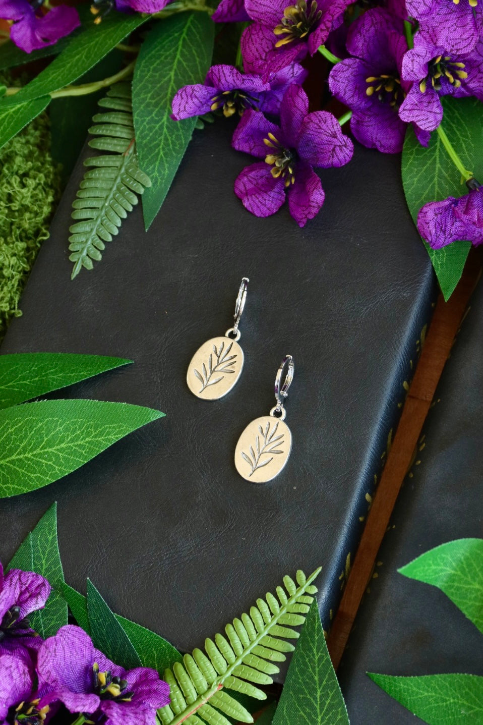 Silver printed leaf earrings