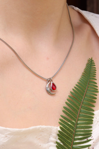 Moon red drop charm necklace