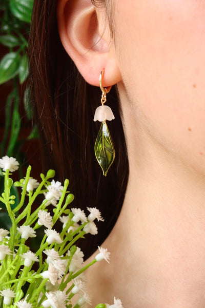 White lily flower leaf earrings