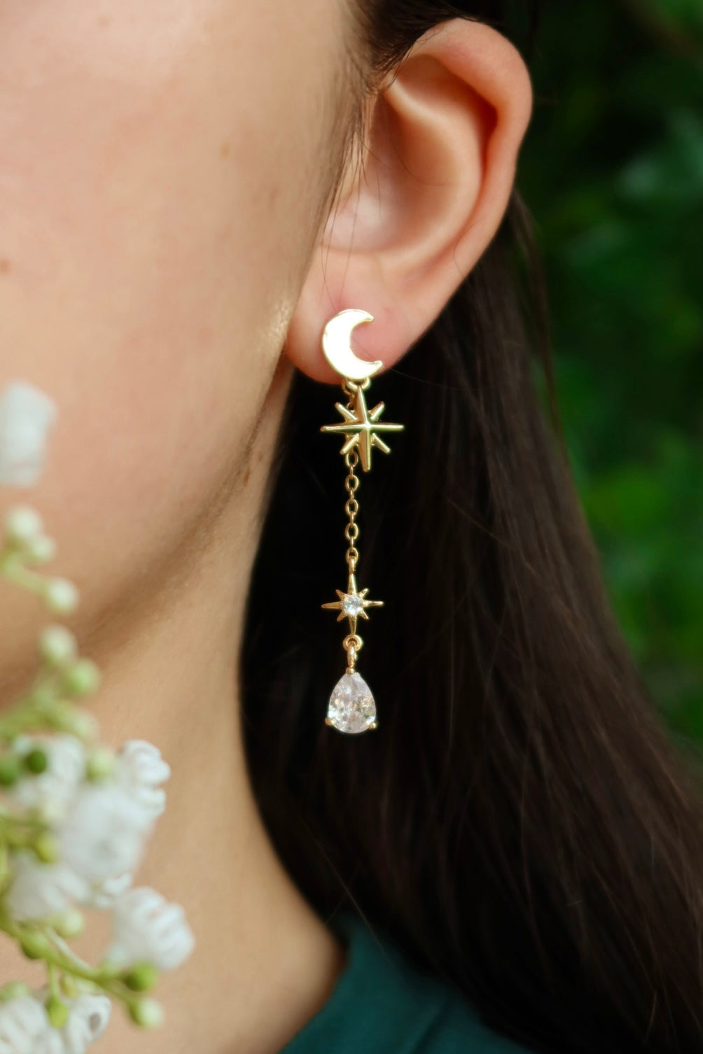 Celestial moon and stars drop earrings