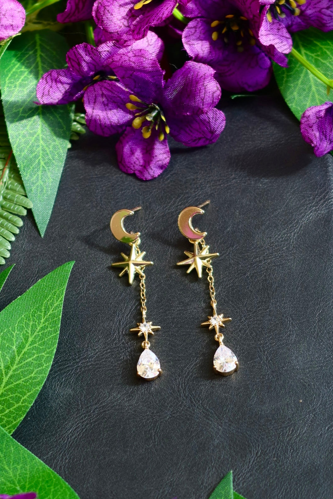 Celestial moon and stars drop earrings