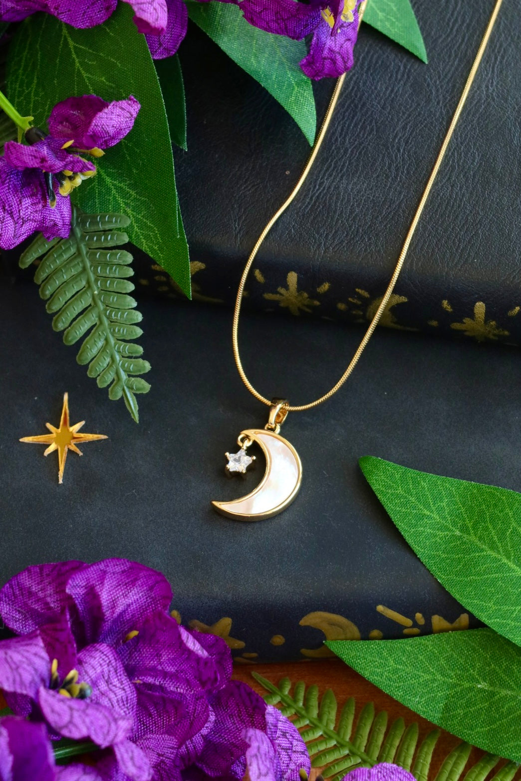 Pearl moon star necklace