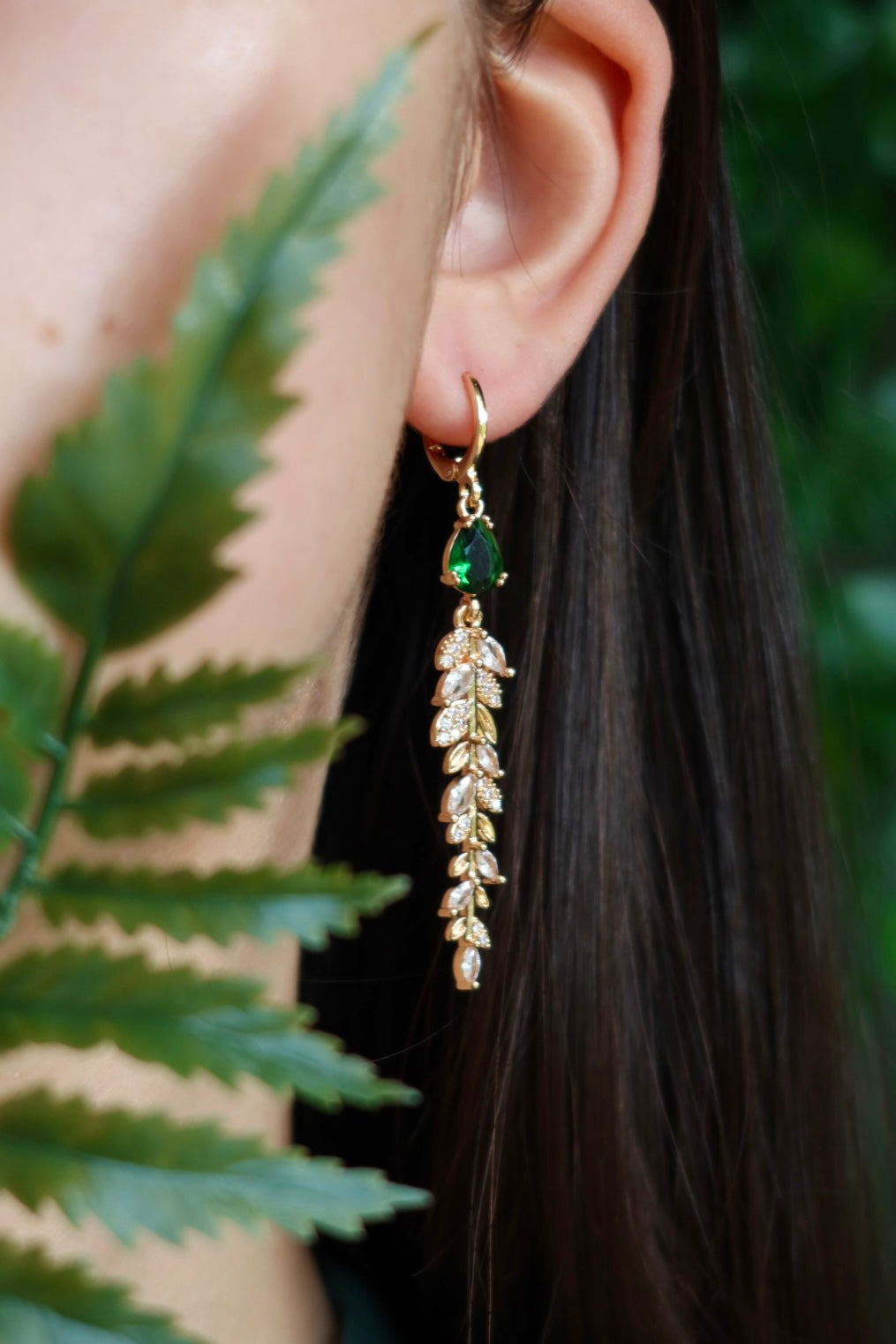 Green rhinestone leaf earrings