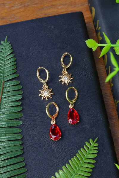 Sun and red drop earrings set