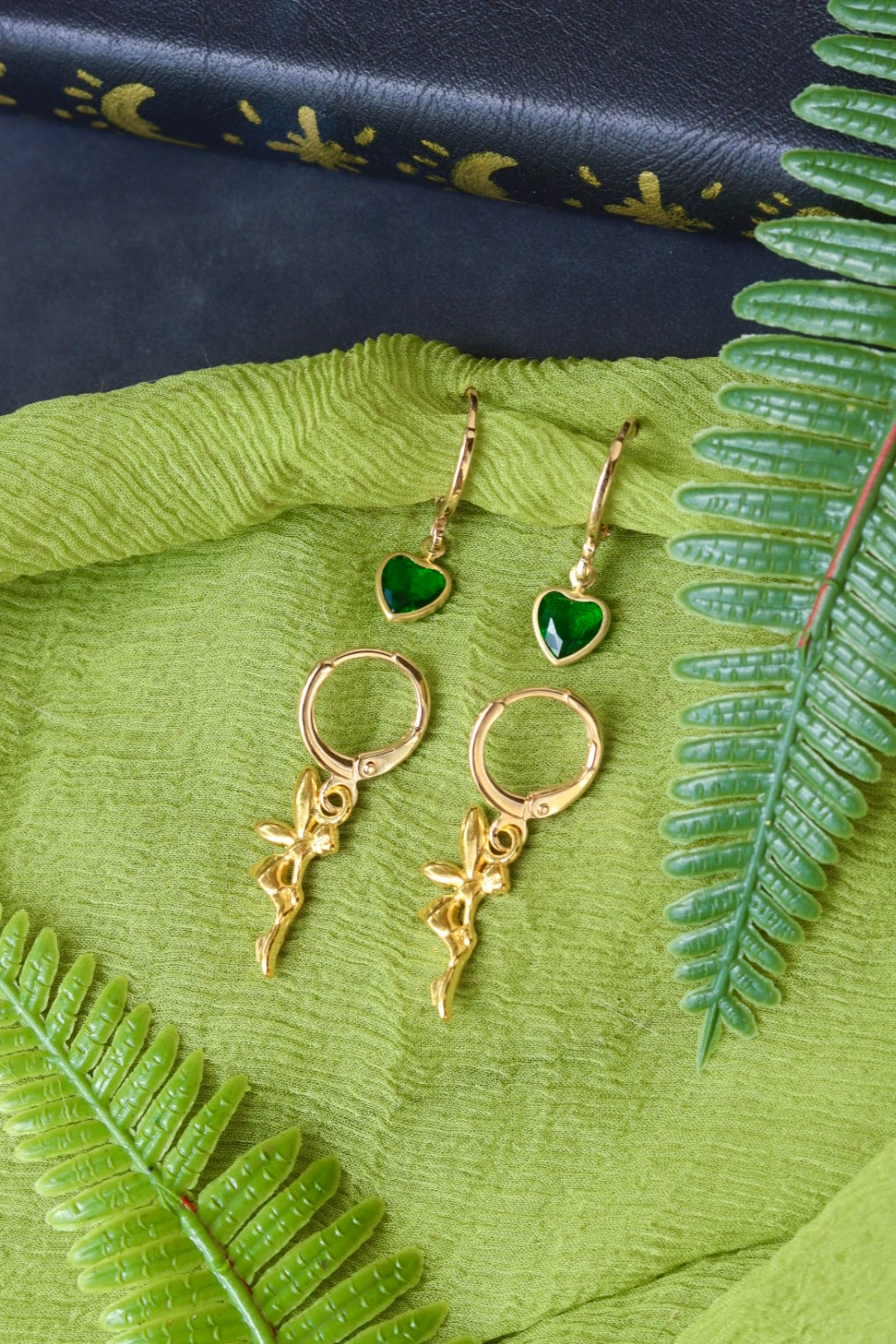 Green heart fairy earring set