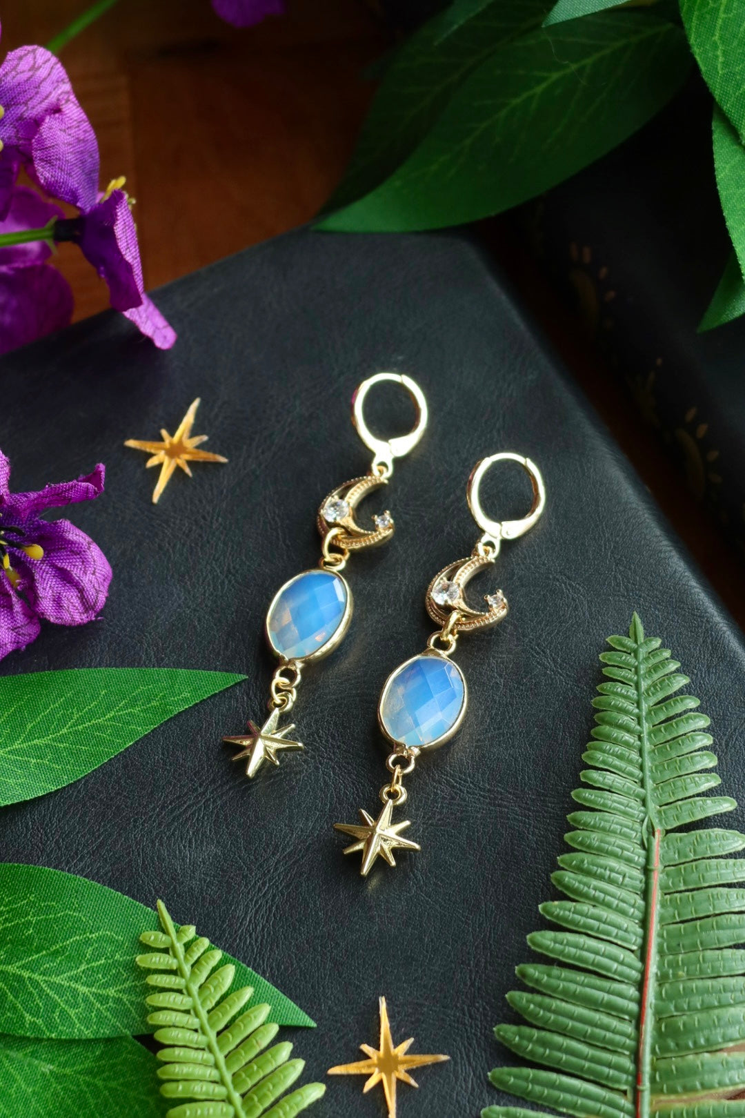 Opalite moon and star earrings