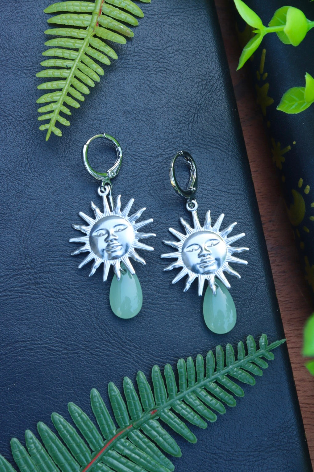 Silver sun green drop earrings