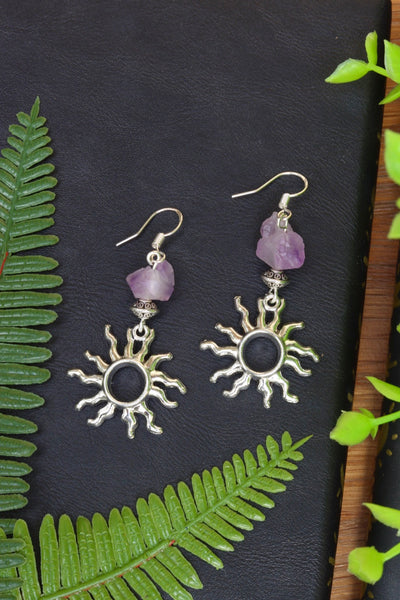 Amethyst silver sun earrings