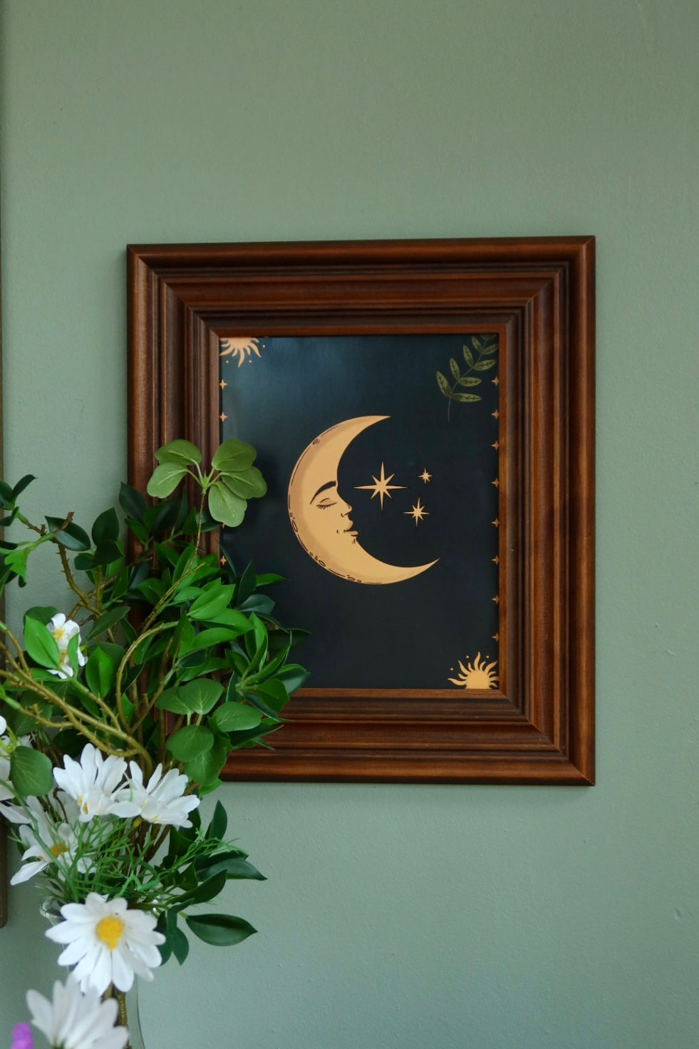 Celestial Moon and leaves - framed art print