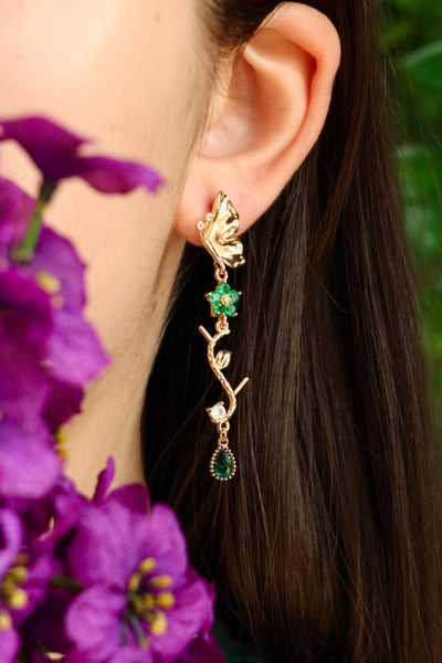 Butterfy flower branch earrings 24k gold plated