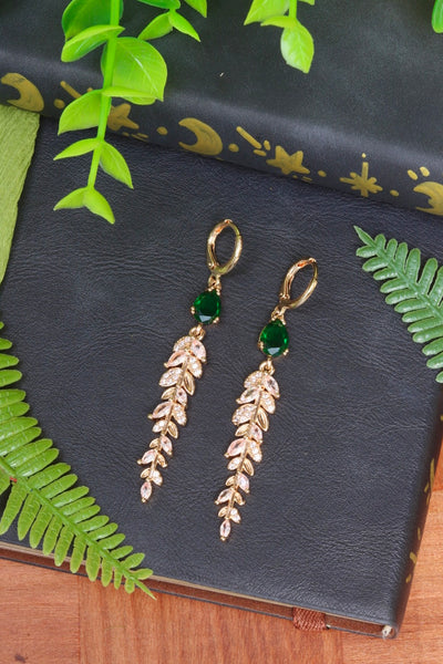 Green rhinestone leaf earrings