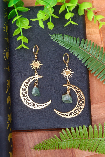 Crystal green aventurine moon stainless steel earrings