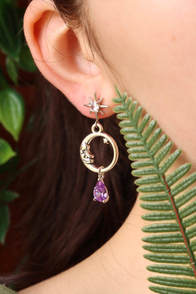 Moon purple drop stud earrings