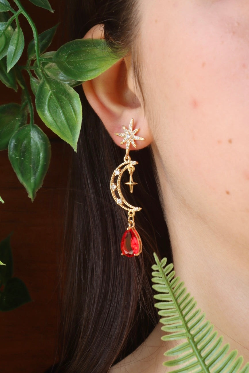 Moon and Star Red Drop Stud Earrings 24k gold plated